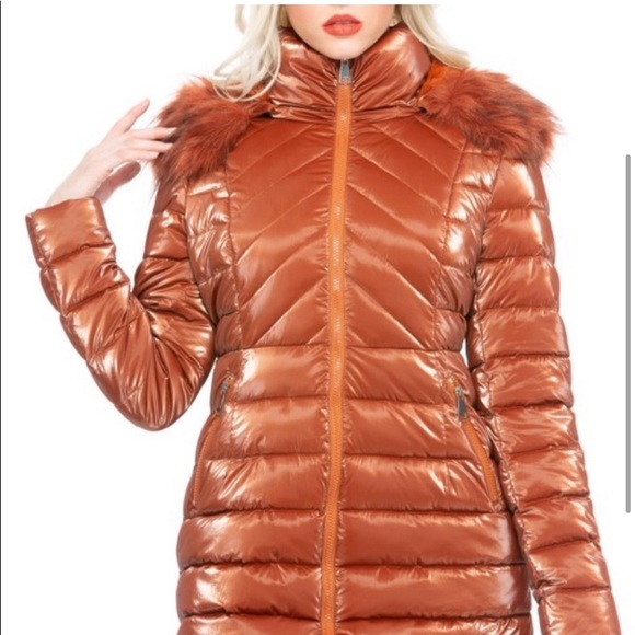 Luxurious Shiny Copper Cloud Faux Fur Puffer Coat